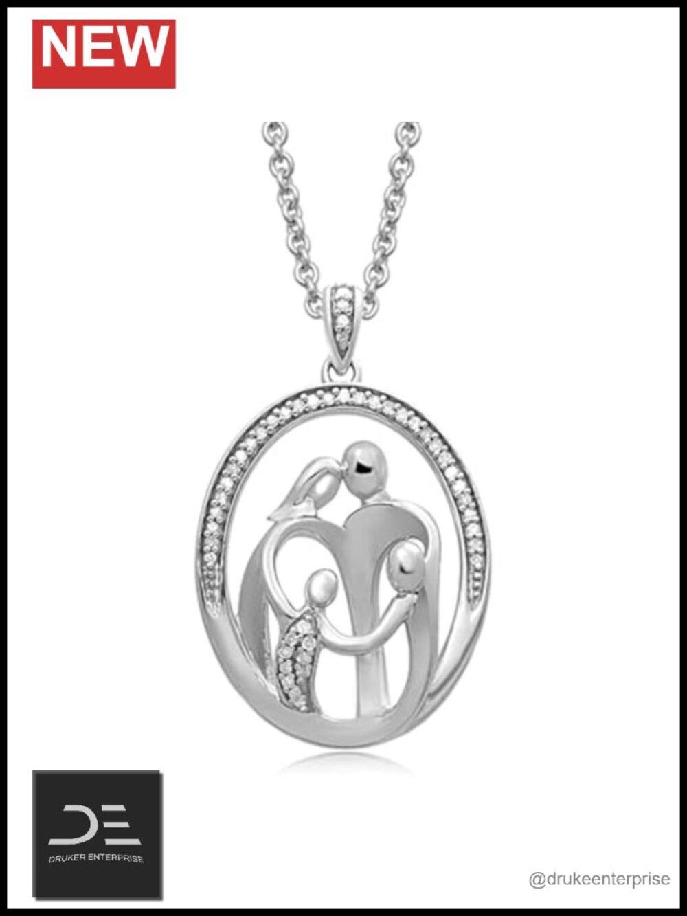 Sterling Silver Family Pendant Necklace Parents Two Children 18in